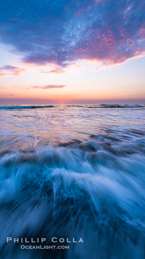 Waves rush in at sunset, Carlsbad beach sunset and ocean waves, seascape, dusk, summer., natural history stock photograph, photo id 27972