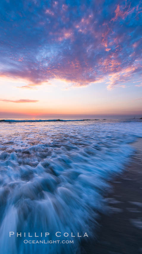 Waves rush in at sunset, Carlsbad beach sunset and ocean waves, seascape, dusk, summer. California, USA, natural history stock photograph, photo id 27971