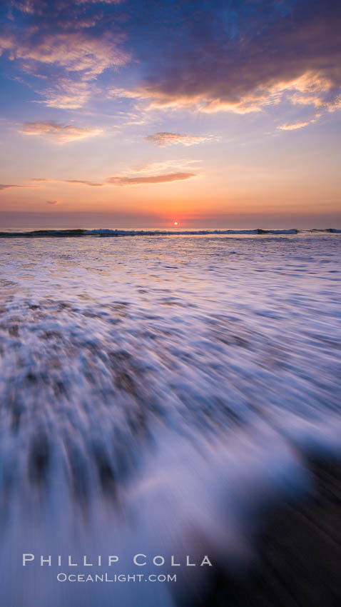 Waves rush in at sunset, Carlsbad beach sunset and ocean waves, seascape, dusk, summer. California, USA, natural history stock photograph, photo id 27969