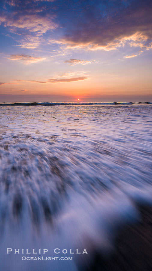 Waves rush in at sunset, Carlsbad beach sunset and ocean waves, seascape, dusk, summer., natural history stock photograph, photo id 27969