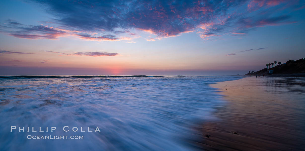 Waves rush in at sunset, Carlsbad beach sunset and ocean waves, seascape, dusk, summer. California, USA, natural history stock photograph, photo id 27973