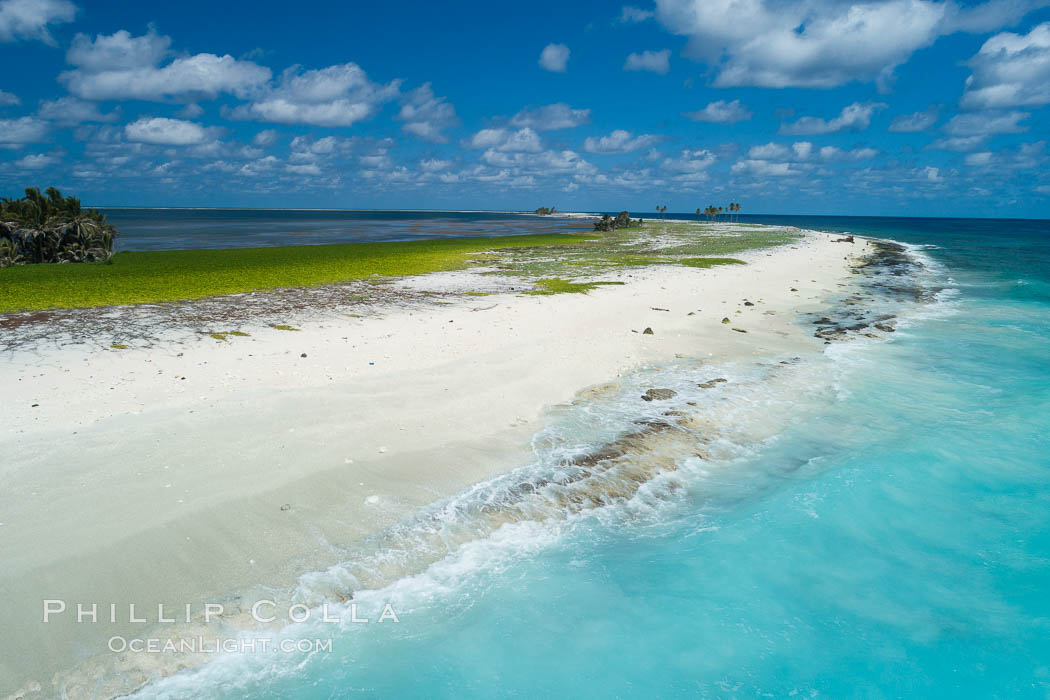 White Coral Rubble Beach on Clipperton Island, aerial photo. Clipperton Island, a minor territory of France also known as Ile de la Passion, is a spectacular coral atoll in the eastern Pacific. By permit HC / 1485 / CAB (France)., natural history stock photograph, photo id 32860