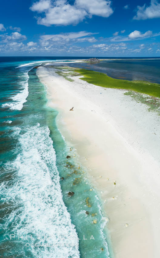 White Coral Rubble Beach on Clipperton Island, aerial photo. Clipperton Island, a minor territory of France also known as Ile de la Passion, is a spectacular coral atoll in the eastern Pacific. By permit HC / 1485 / CAB (France)., natural history stock photograph, photo id 32859