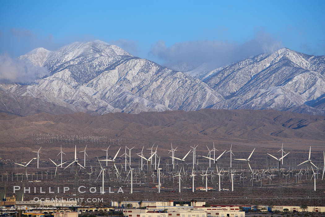 Wind turbines and Mount San Gorgonio Pass, near Interstate 10, provide electricity to Palm Springs and the Coachella Valley. California, USA, natural history stock photograph, photo id 22236