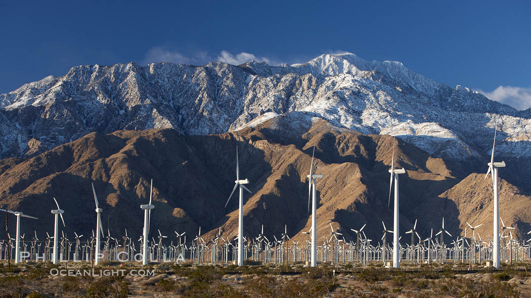 Wind turbines and Mount San Jacinto, rise above the flat floor of the San Gorgonio Pass near Palm Springs, provide electricity to Palm Springs and the Coachella Valley. California, USA, natural history stock photograph, photo id 22240