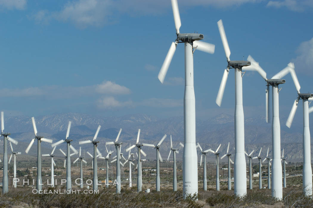 Wind turbines provide electricity to Palm Springs and the Coachella Valley. San Gorgonio pass, San Bernardino mountains. San Gorgonio Pass, California, USA, natural history stock photograph, photo id 06858