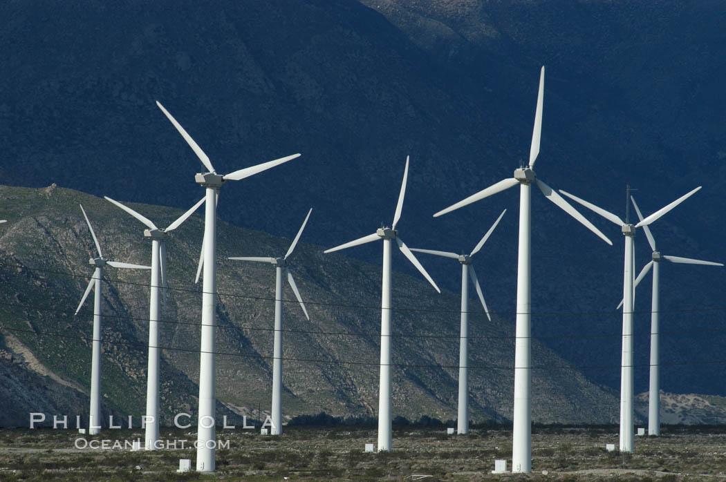 Wind turbines provide electricity to Palm Springs and the Coachella Valley. San Gorgonio pass, San Bernardino mountains. San Gorgonio Pass, California, USA, natural history stock photograph, photo id 06862