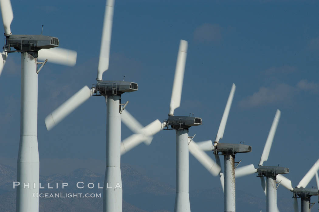 Wind turbines provide electricity to Palm Springs and the Coachella Valley. San Gorgonio pass, San Bernardino mountains. San Gorgonio Pass, California, USA, natural history stock photograph, photo id 06855