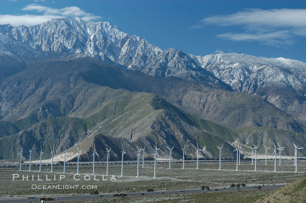 Wind turbines overlooking Interstate 10 provide electricity to Palm Springs and the Coachella Valley. San Gorgonio pass, San Bernardino mountains. San Gorgonio Pass, California, USA, natural history stock photograph, photo id 06853