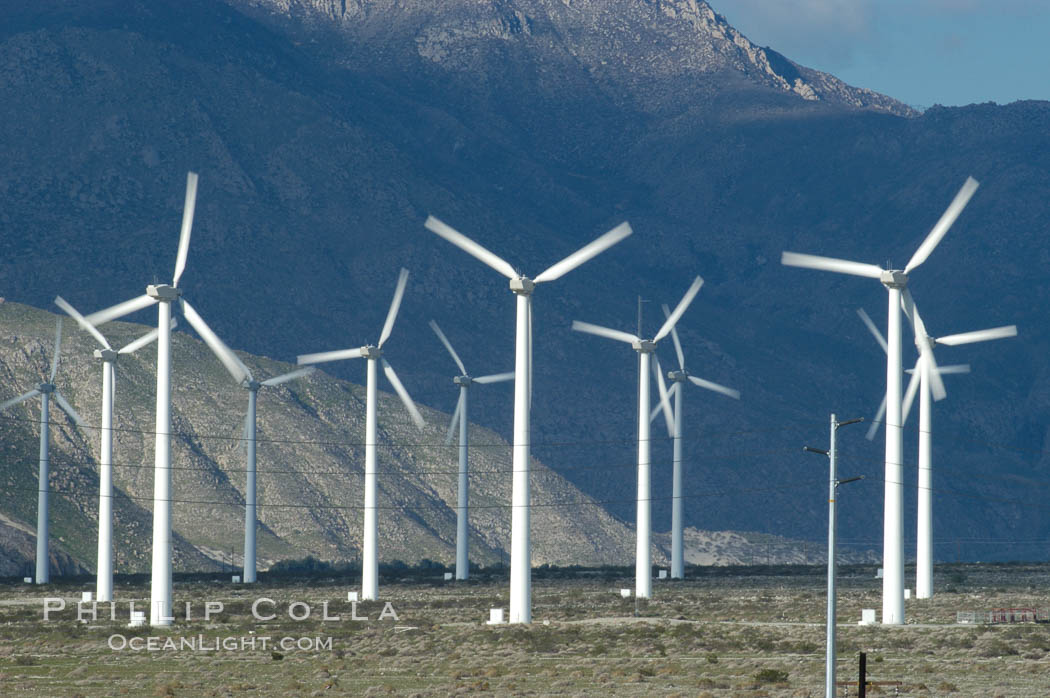 Wind turbines provide electricity to Palm Springs and the Coachella Valley. San Gorgonio pass, San Bernardino mountains. San Gorgonio Pass, California, USA, natural history stock photograph, photo id 06869