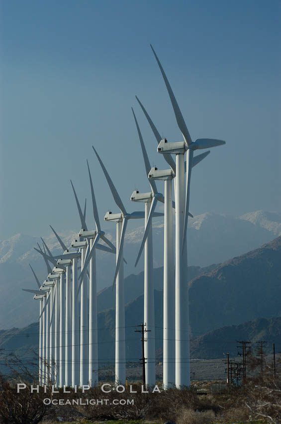Wind turbines provide electricity to Palm Springs and the Coachella Valley. San Gorgonio pass, San Bernardino mountains. San Gorgonio Pass, California, USA, natural history stock photograph, photo id 06886