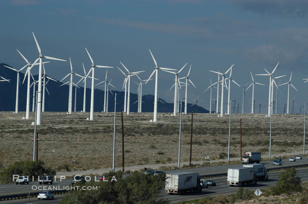 Wind turbines overlooking Interstate 10 provide electricity to Palm Springs and the Coachella Valley. San Gorgonio pass, San Bernardino mountains. San Gorgonio Pass, California, USA, natural history stock photograph, photo id 06872