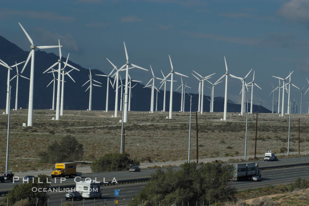 Wind turbines overlooking Interstate 10 provide electricity to Palm Springs and the Coachella Valley. San Gorgonio pass, San Bernardino mountains. San Gorgonio Pass, California, USA, natural history stock photograph, photo id 06871