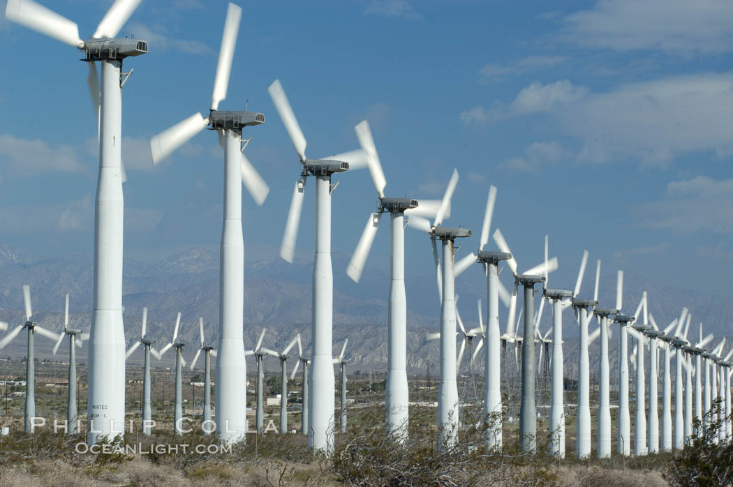 Wind turbines provide electricity to Palm Springs and the Coachella Valley. San Gorgonio pass, San Bernardino mountains. San Gorgonio Pass, California, USA, natural history stock photograph, photo id 06873