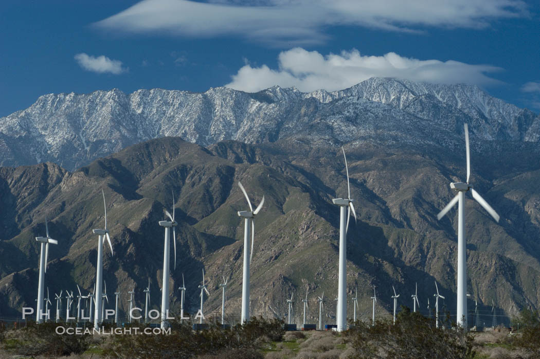 Image 06908, Wind turbines provide electricity to Palm Springs and the Coachella Valley. San Gorgonio pass, San Bernardino mountains. San Gorgonio Pass, California, USA, Phillip Colla, all rights reserved worldwide. Keywords: california, coachella valley, desert, electricity, energy, palm springs, power generation, san gorgonio pass, san gorgonio pass wind farm, science and technology, usa, wind farm, wind power, wind turbine, windmill.