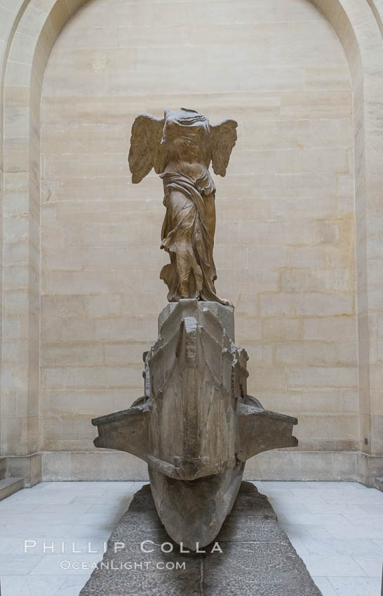 The Winged Victory of Samothrace, also called the Nike of Samothrace, is a 2nd century BC marble sculpture of the Greek goddess Nike (Victory). The Nike of Samothrace, discovered in 1863, is estimated to have been created around 190 BC. Musee du Louvre, Paris, France, natural history stock photograph, photo id 28102