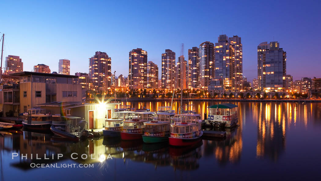 Yaletown section of Vancouver at night, viewed from Granville Island. British Columbia, Canada, natural history stock photograph, photo id 21166