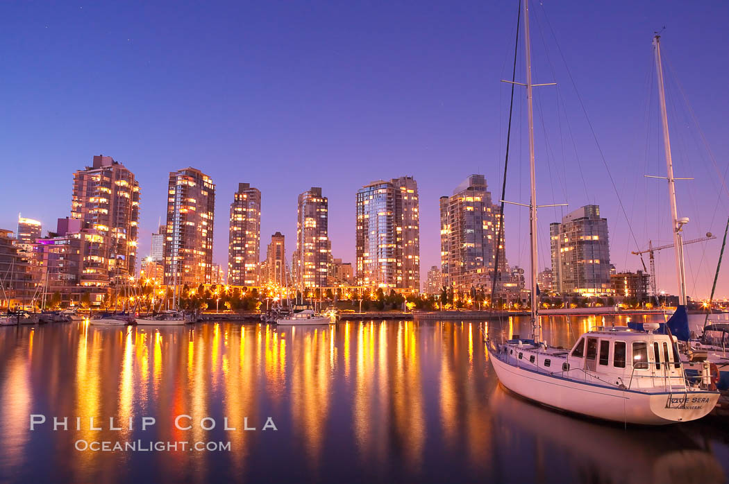 Yaletown section of Vancouver at night, viewed from Granville Island. British Columbia, Canada, natural history stock photograph, photo id 21167