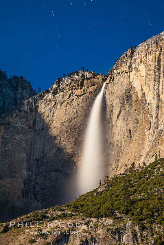 Yosemite Falls and star trails, at night, viewed from Cook's Meadow, illuminated by the light of the full moon. Yosemite National Park, California, USA, natural history stock photograph, photo id 27754