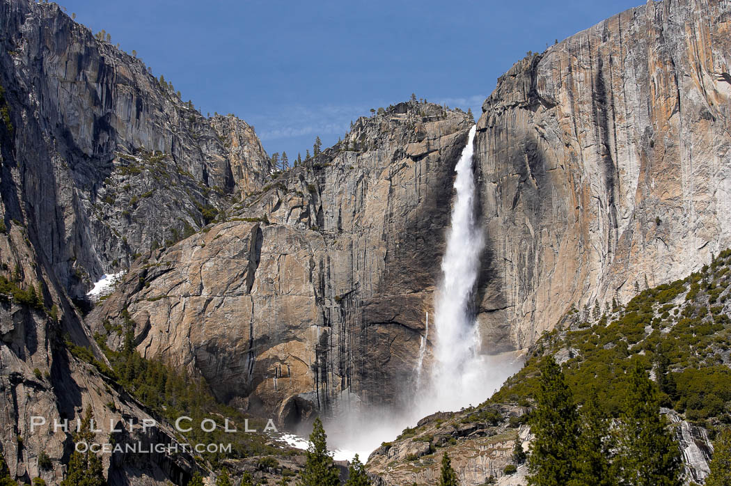 Upper Yosemite Falls near peak flow in spring.  Yosemite Falls, at 2425 feet tall (730m) is the tallest waterfall in North America and fifth tallest in the world.  Yosemite Valley. Yosemite National Park, California, USA, natural history stock photograph, photo id 16070