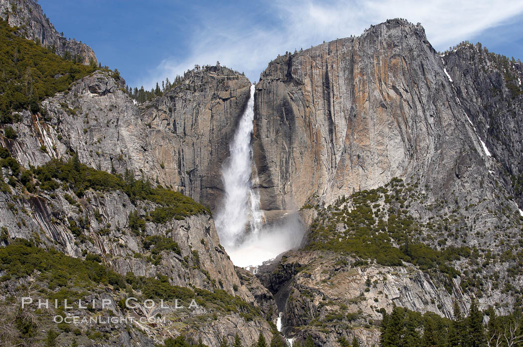 Upper Yosemite Falls near peak flow in spring.  Yosemite Falls, at 2425 feet tall (730m) is the tallest waterfall in North America and fifth tallest in the world.  Yosemite Valley. Yosemite National Park, California, USA, natural history stock photograph, photo id 16067