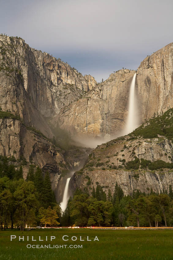 Yosemite Falls by moonlight, viewed from Cooks Meadow. Yosemite Valley. Yosemite National Park, California, USA, natural history stock photograph, photo id 16096