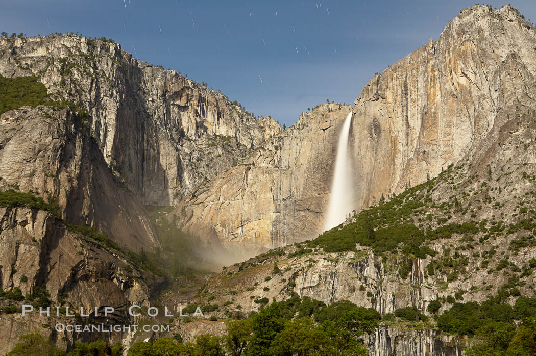 Yosemite Falls by moonlight, viewed from Cooks Meadow. Star trails appear in the night sky. Yosemite Valley. Yosemite National Park, California, USA, natural history stock photograph, photo id 16095