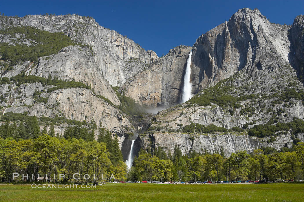 Yosemite Falls rises above Cooks Meadow.  The 2425 falls, the tallest in North America, is at peak flow during a warm-weather springtime melt of Sierra snowpack.  Yosemite Valley. Yosemite National Park, California, USA, natural history stock photograph, photo id 16141