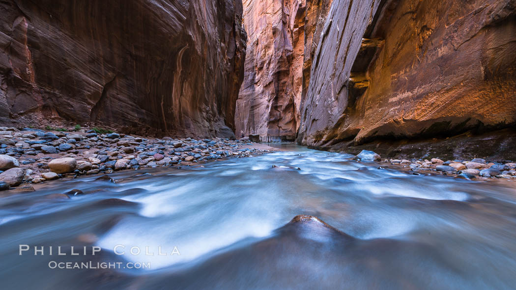 The Virgin River Narrows, where the Virgin River has carved deep, narrow canyons through the Zion National Park sandstone, creating one of the finest hikes in the world. Utah, USA, natural history stock photograph, photo id 32623