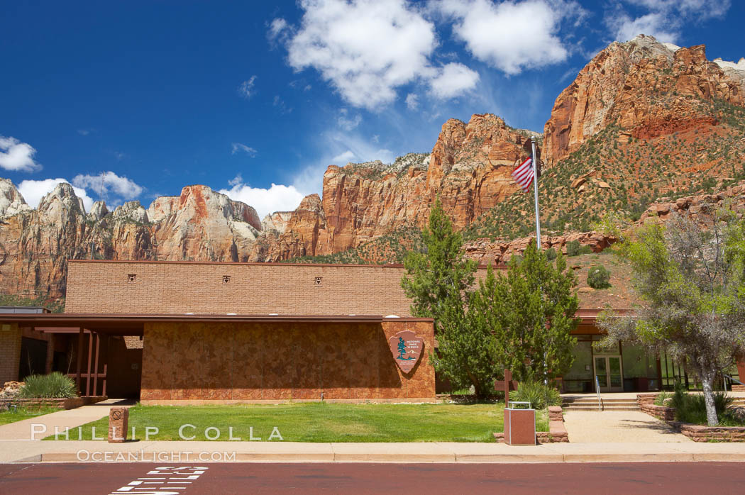 Zion Natural Human Museum, with the West Temple at 7810, the Sundial at 7590, and the Altar of Sacrifice at 7505 seen behind it. Zion National Park, Utah, USA, natural history stock photograph, photo id 12491
