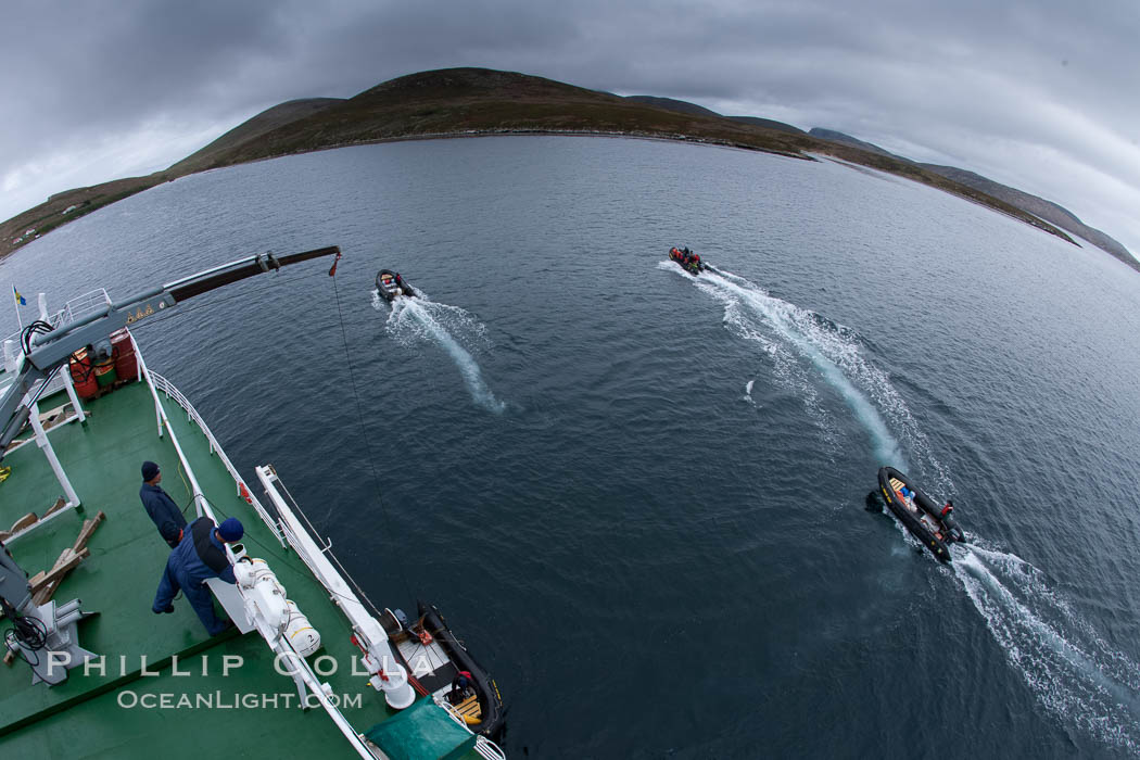 Zodiac boats, are lowered into the ocean from the ship M/V Polar Star in preparation for a day exploring New Island in the Falklands. Falkland Islands, United Kingdom, natural history stock photograph, photo id 23712